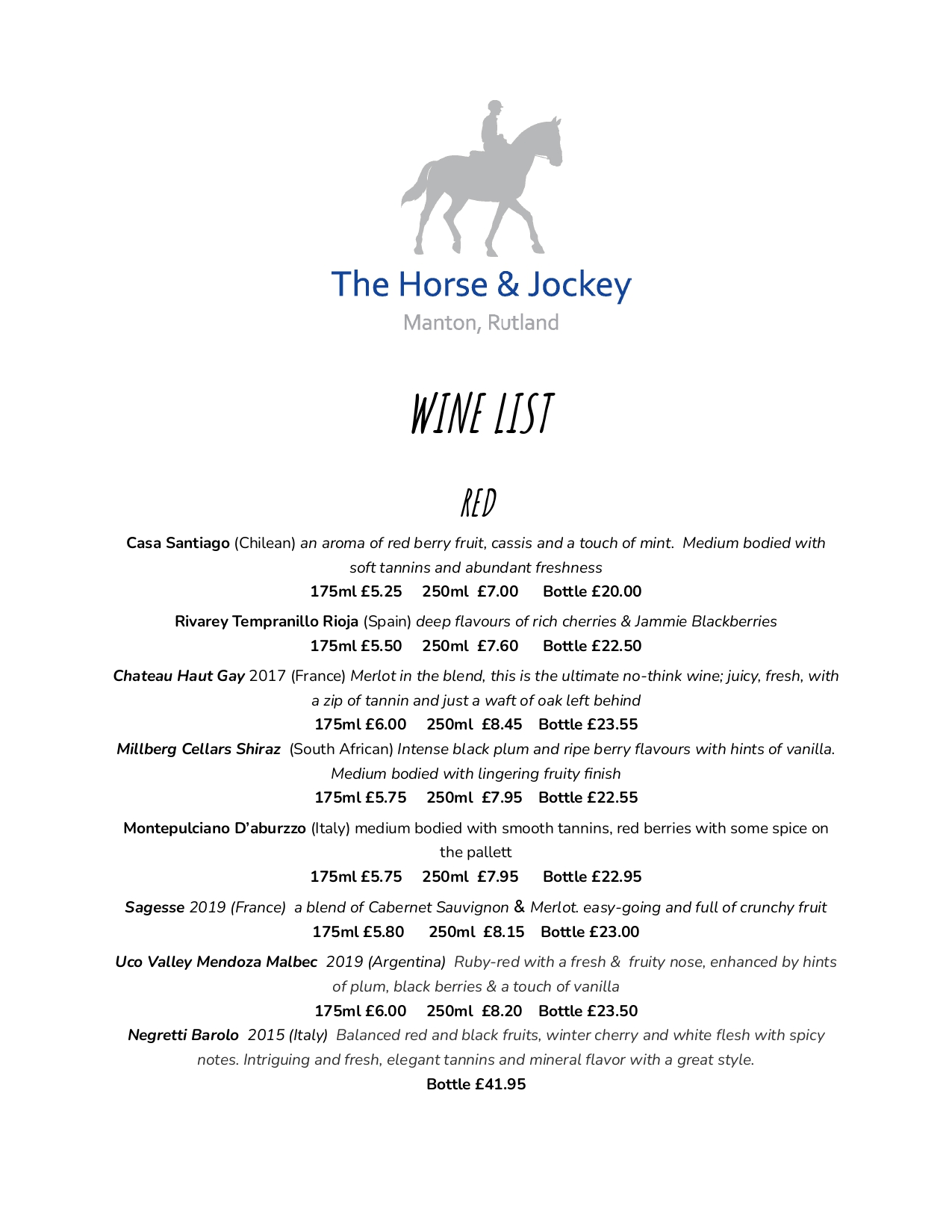 Horse & Jockey, Manton Wine List Menu