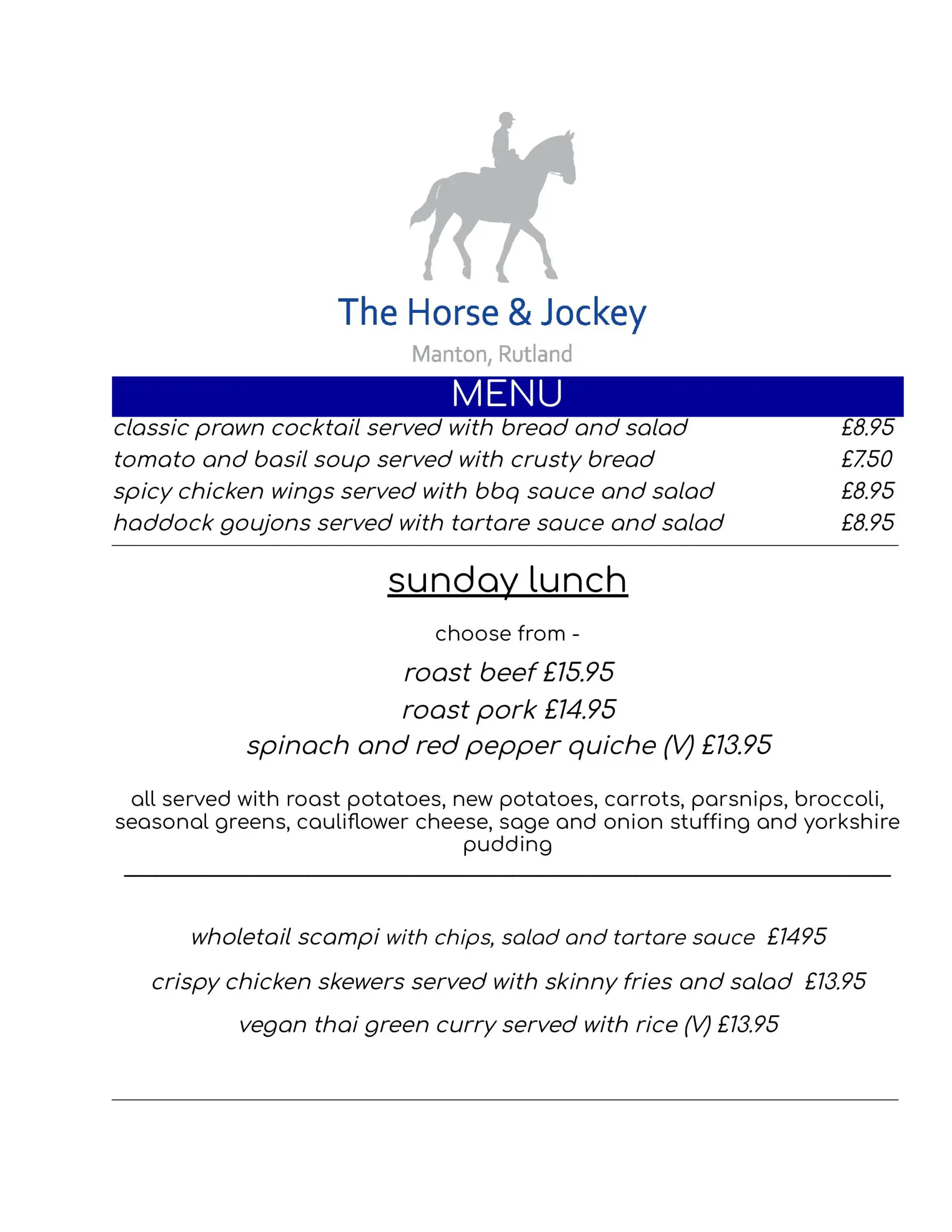 Horse & Jockey, Manton Sunday Menu